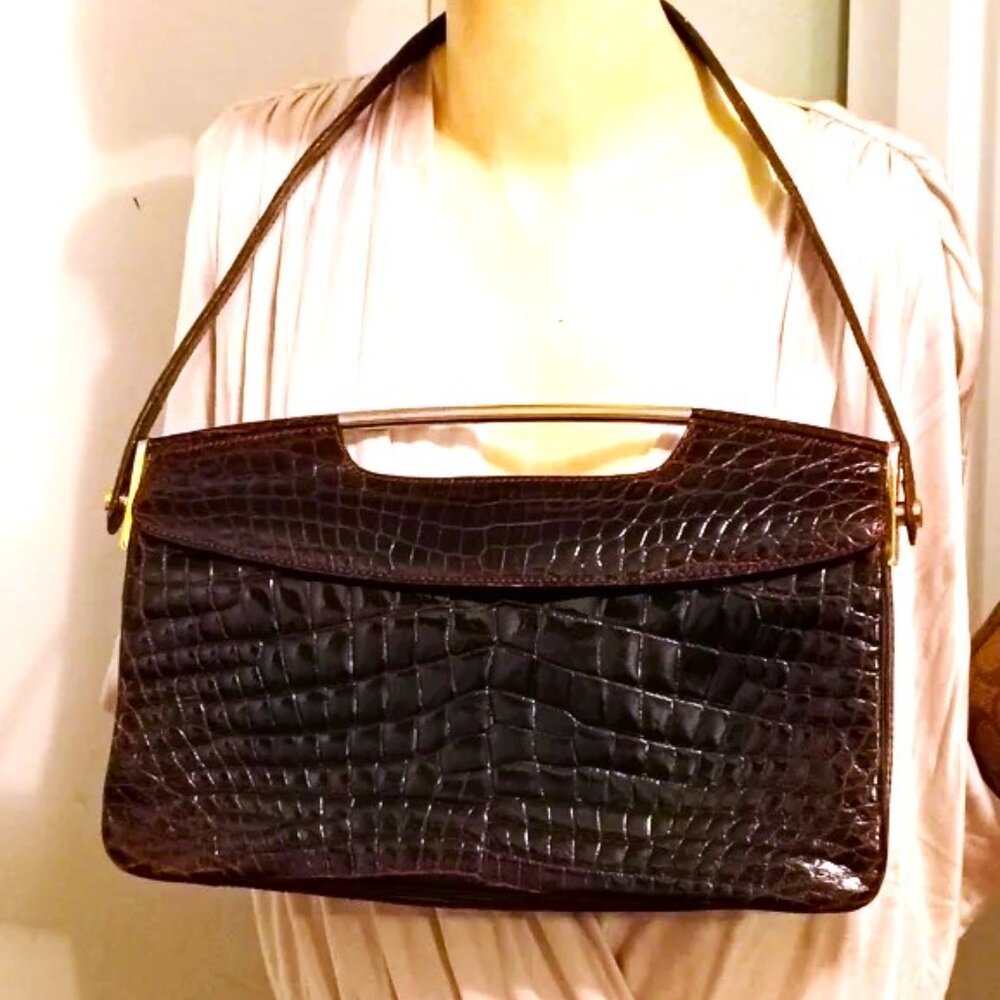 ❤️VINTAGE SAKS FIFTH AVENUE Kisslock Brown Genuine Crocodile Dual Sided Bag